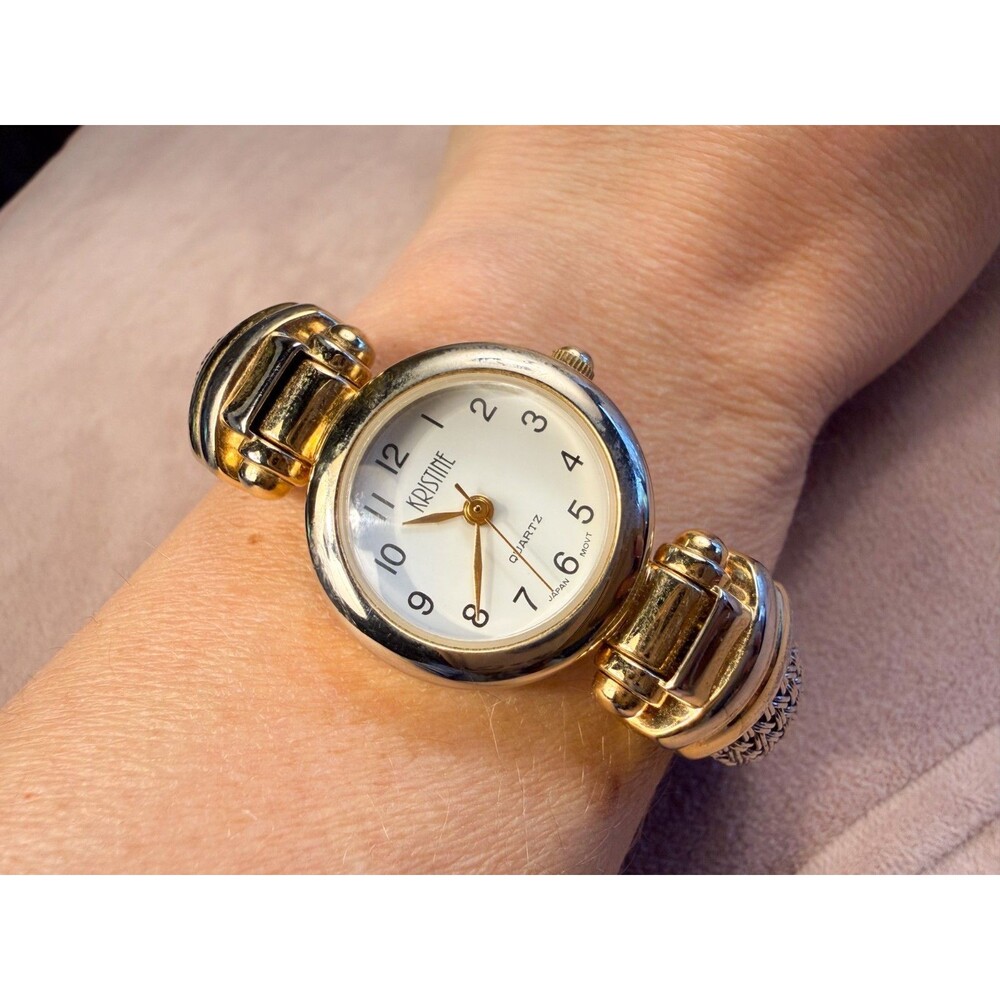 Vintage Kristine Silver Mesh Cuff Watch Silver Gold Two Tone Very Clean!